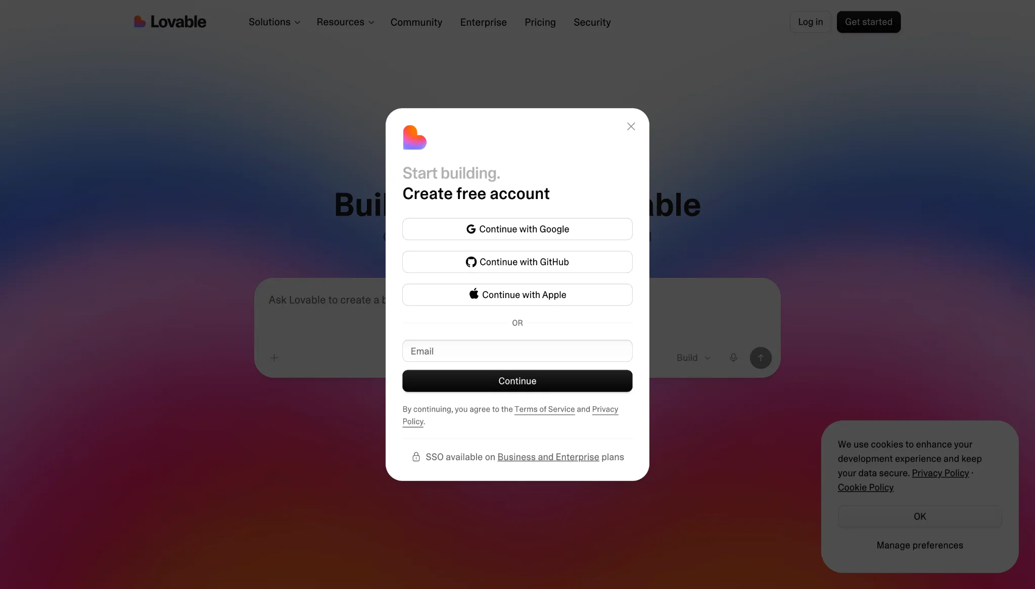 lovable free signup page