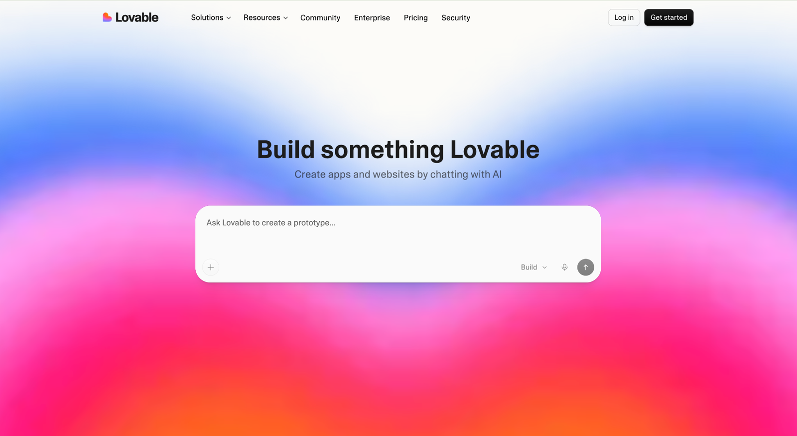 Lovable AI app builder homepage showing the prompt box for creating apps and websites with AI